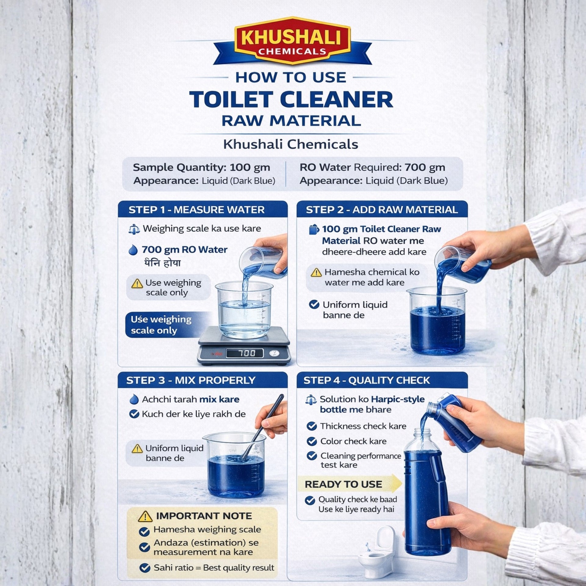 Instructional poster on how to use toilet cleaner raw material by Khushali Chemicals.