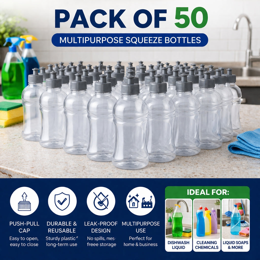 Multipurpose Squeeze Bottles with Push-Pull Lid – Durable Plastic Bottle for Dishwash & Liquid Storage
